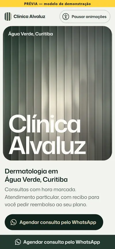 Site modelo de clínica de dermatologia, em tons de verde, com o nome em letras grandes.