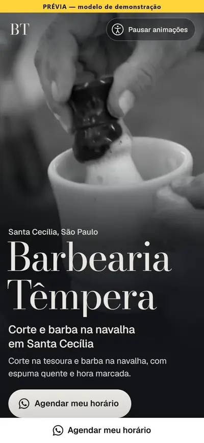 Site modelo de barbearia, escuro, com foto em preto e branco.