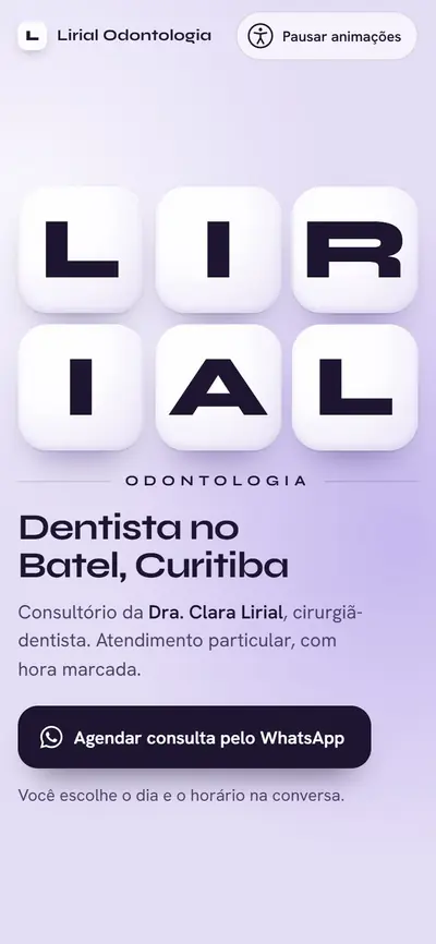 Site modelo de consultório odontológico, em lilás, com as letras do nome em peças.