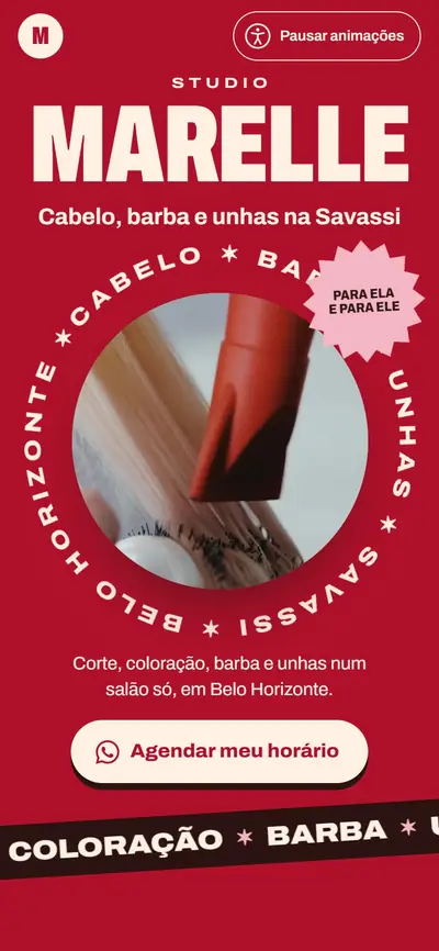 Site modelo de salão, vermelho e vibrante, com o nome em letras grandes.