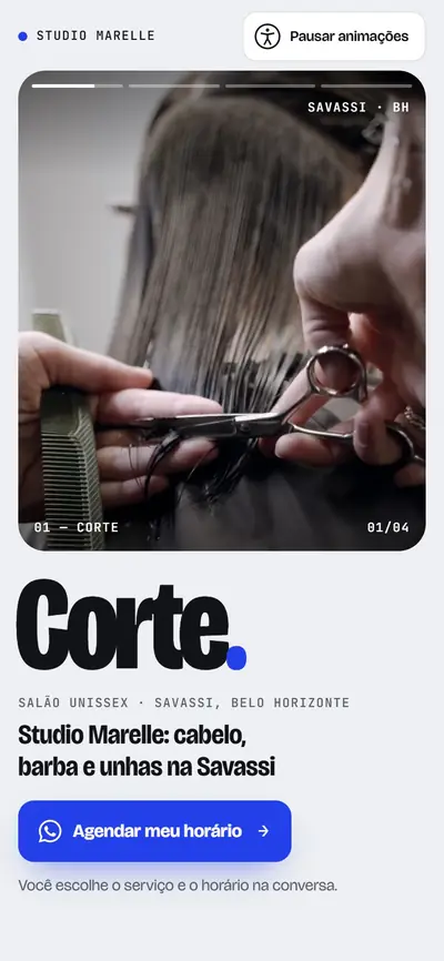 Site modelo de salão, frio e moderno, com foto de corte de cabelo.