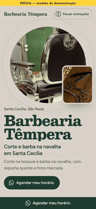 Site modelo de barbearia, com foto de cadeira de barbeiro em círculo.